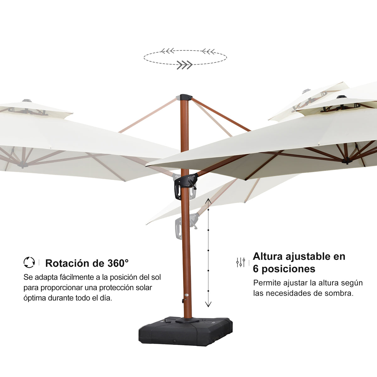 PURPLE LEAF Sombrilla de jardín cuadrada de aluminio efecto madera con doble techo para exteriores