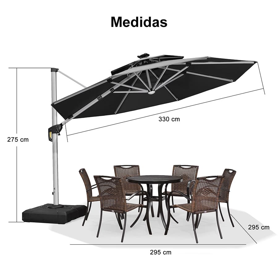 PURPLE LEAF Sombrilla excéntrico redondo con luces LED solares y rotación de 360°, ideal para jardín y terraza