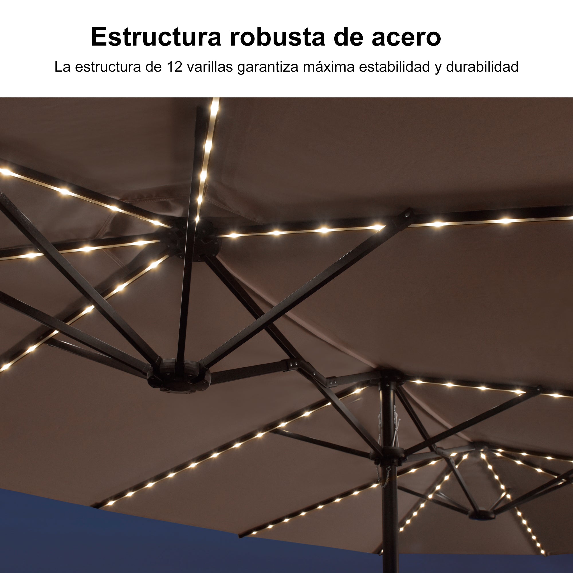 PURPLE LEAF Sombrilla de doble cara con iluminación LED con base incluida para exteriores