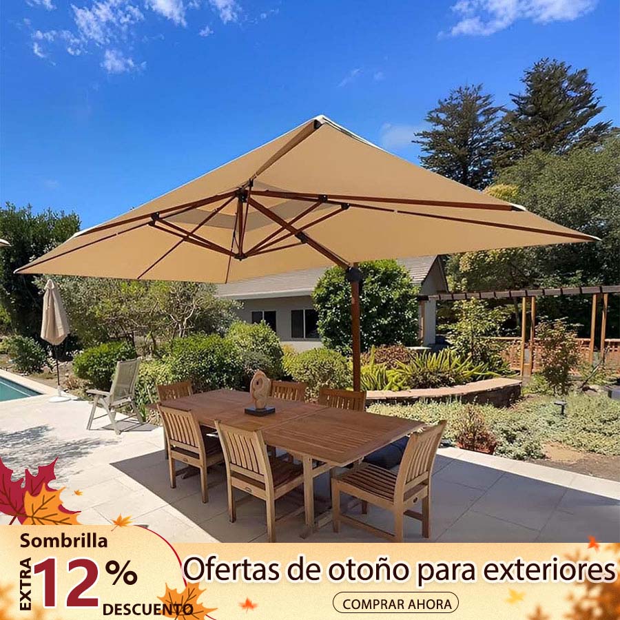 PURPLE LEAF Sombrilla de jardín cuadrada de aluminio con doble techo y acabado en madera