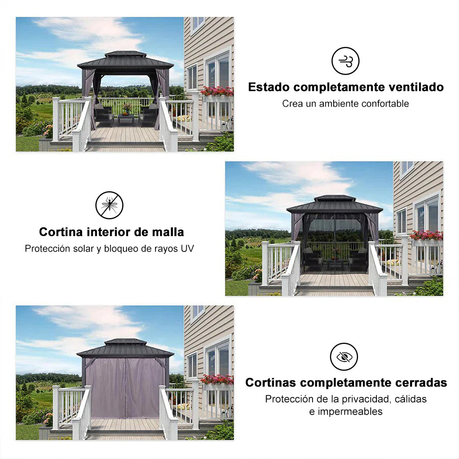 Purple Leaf Cenador de Jardín Estándar Gris, Pérgola de Aluminio con Techo de Acero Galvanizado y Luces de Cadena Con Luz Cálida
