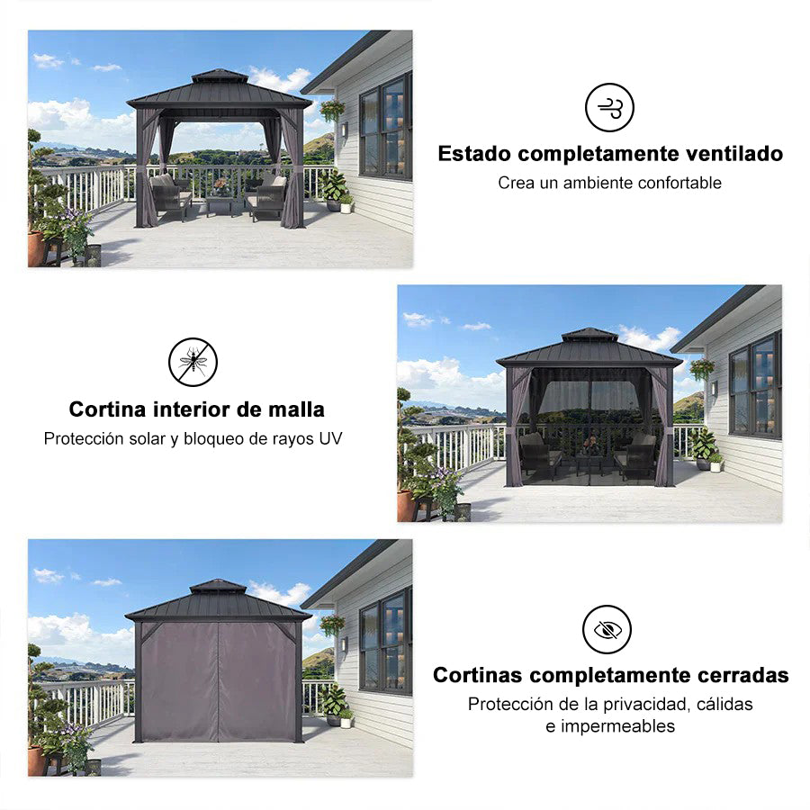 PURPLE LEAF Cenador Estándar Gris con Doble Techo de Acero Galvanizado, Mosquitera y Cortinas