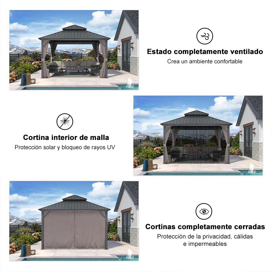 PURPLE LEAF Cenador Estándar Gris con Doble Techo de Acero Galvanizado, Mosquitera y Cortinas