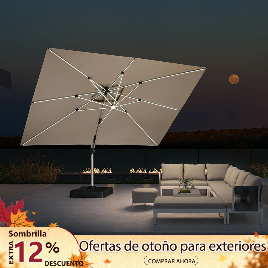 PURPLE LEAF Sombrilla rectangular de doble techo de aluminio con luces LED, ideal para balcón y jardín