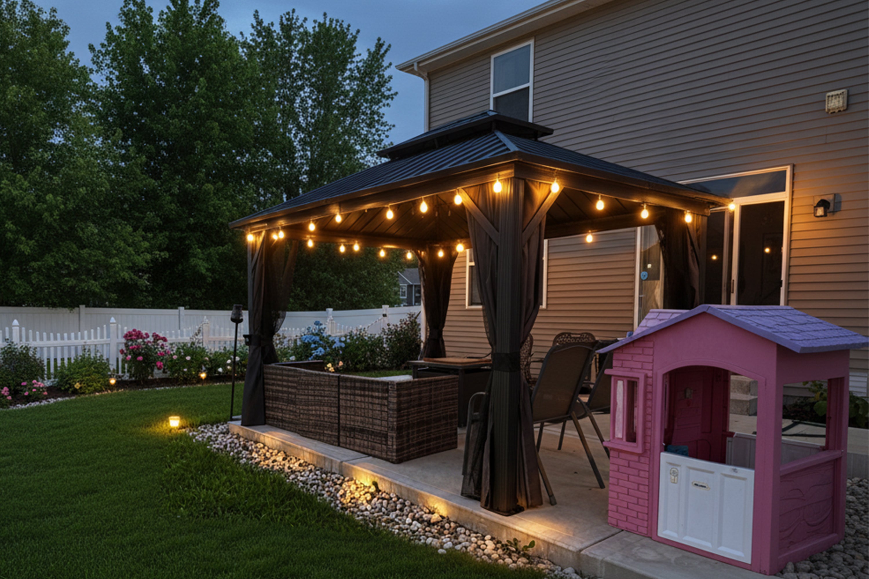 Purple Leaf Cenador de Jardín Estándar Gris, Pérgola de Aluminio con Techo de Acero Galvanizado y Luces de Cadena Con Luz Cálida