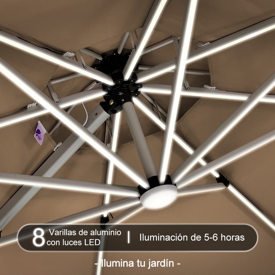 PURPLE LEAF Sombrilla excéntrico redondo con luces LED solares y rotación de 360°, ideal para jardín y terraza