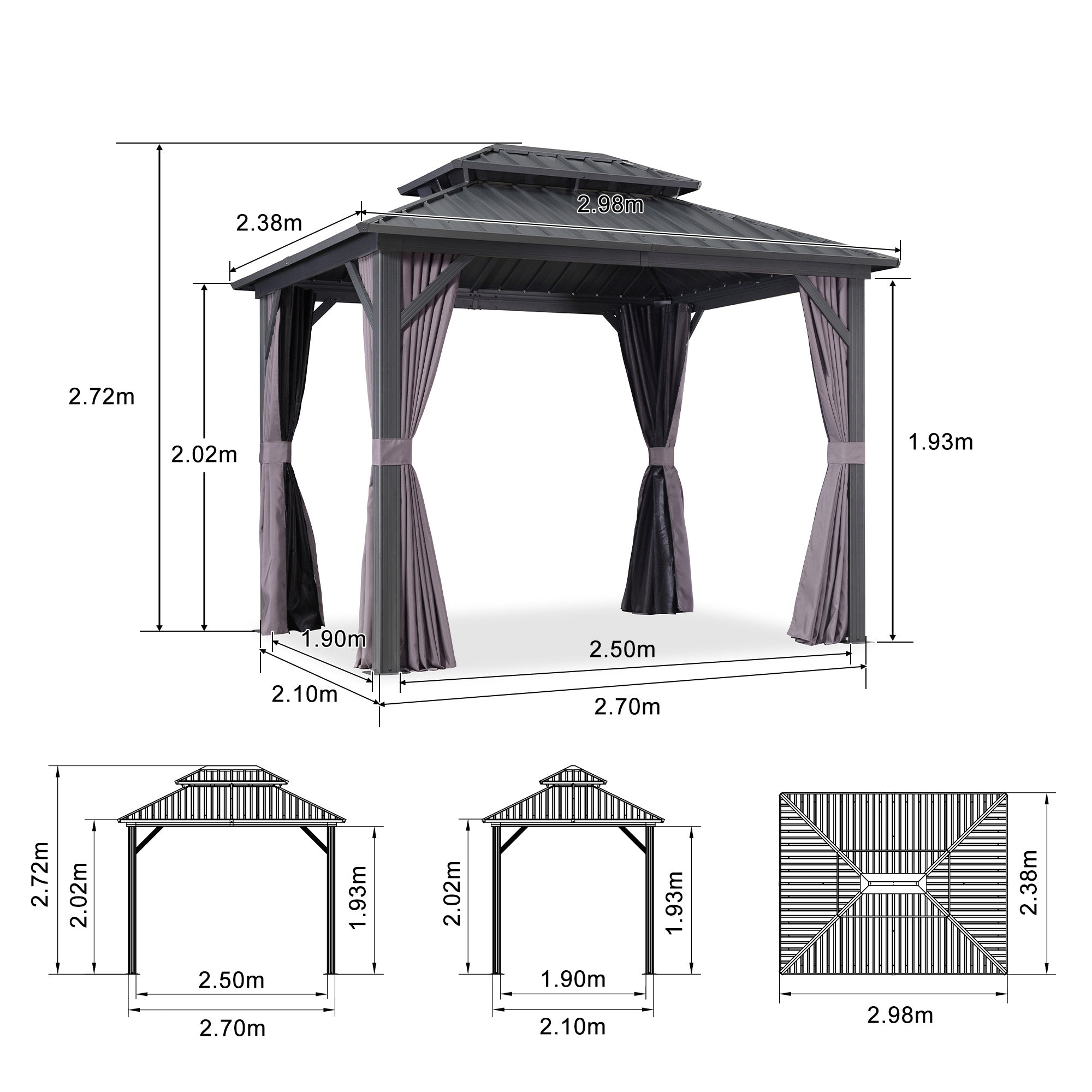 PURPLE LEAF Cenador Estándar Gris con Doble Techo de Acero Galvanizado, Mosquitera y Cortinas