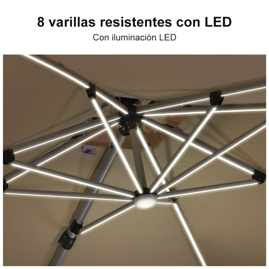 PURPLE LEAF Sombrilla excéntrico redondo con luces LED solares y rotación de 360°, ideal para jardín y terraza