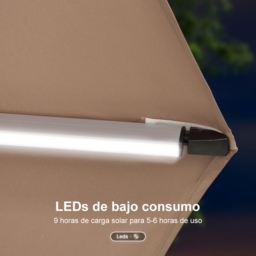 PURPLE LEAF Sombrilla excéntrico redondo con luces LED solares y rotación de 360°, ideal para jardín y terraza