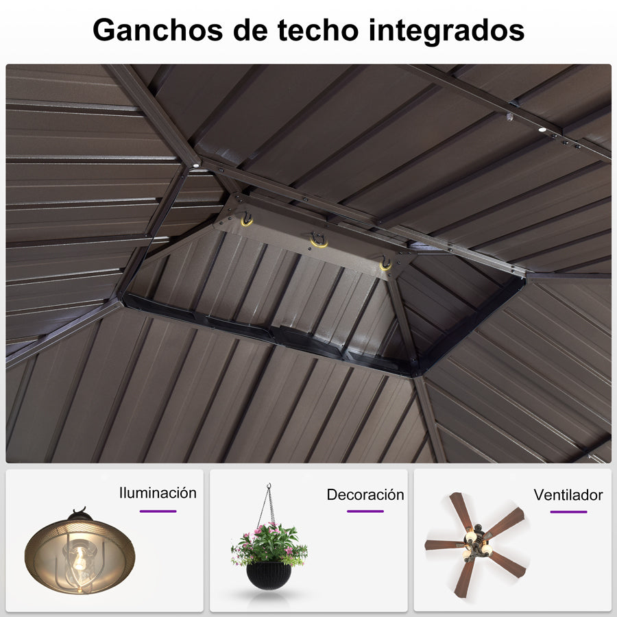 PURPLE LEAF Cenador de Jardín y Terraza de Aluminio Color Bronce con Techo de Acero Galvanizado, Cortinas y Mosquiteras - Sin Luz