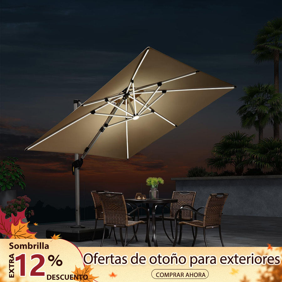 PURPLE LEAF Sombrilla cuadrada de doble cubierta con luces LED solares, ideal para jardín y terraza