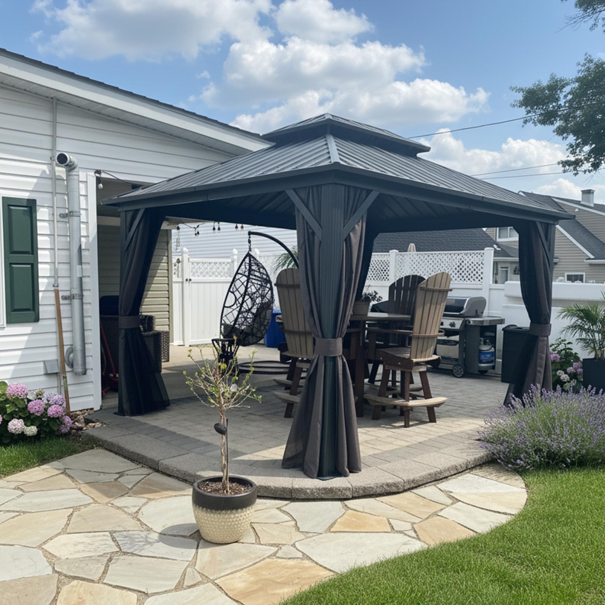 Purple Leaf Cenador de Jardín Estándar Gris, Pérgola de Aluminio con Techo de Acero Galvanizado y Luces de Cadena Con Luz Cálida