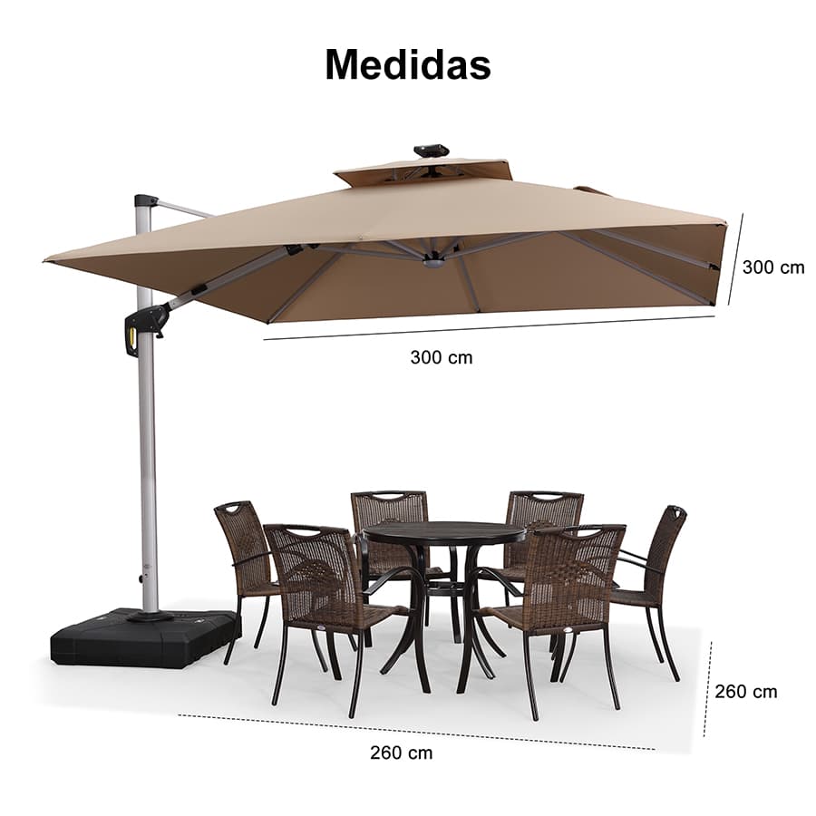 PURPLE LEAF Sombrilla cuadrada de doble cubierta con luces LED solares, ideal para jardín y terraza