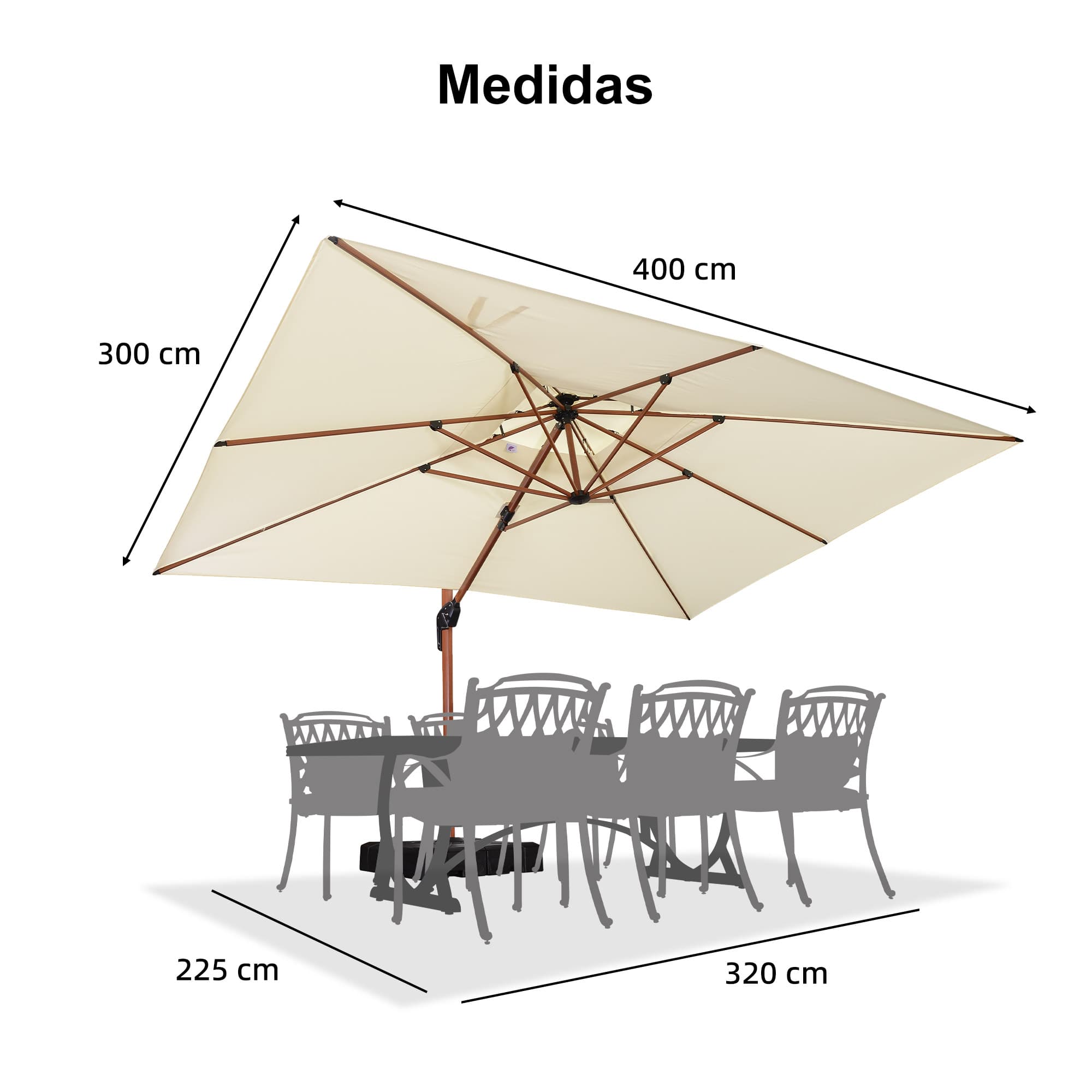 PURPLE LEAF Sombrilla de jardín cuadrada de aluminio con doble techo y acabado en madera