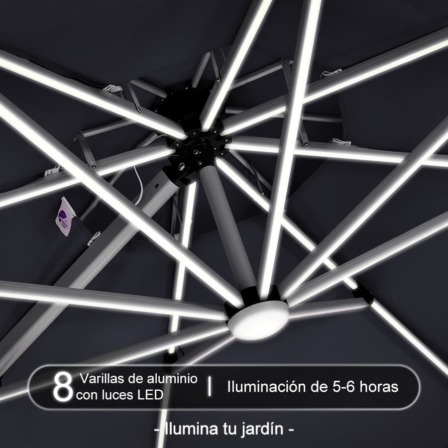 PURPLE LEAF Sombrilla excéntrico redondo con luces LED solares y rotación de 360°, ideal para jardín y terraza