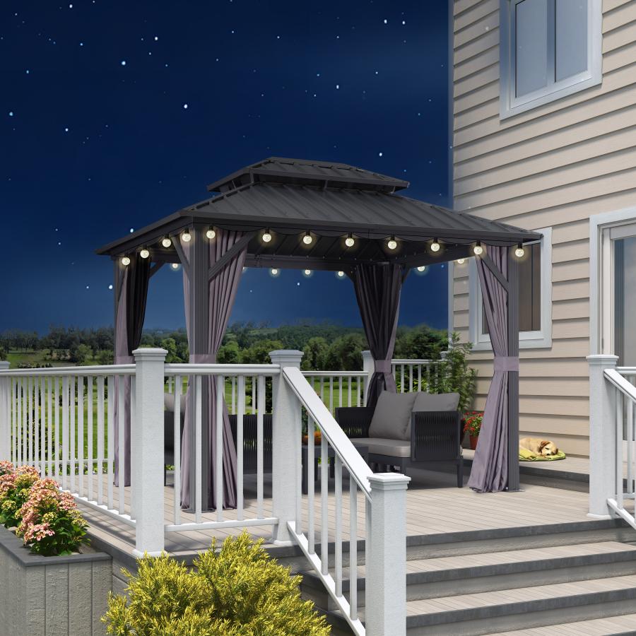 Purple Leaf Cenador de Jardín Estándar Gris, Pérgola de Aluminio con Techo de Acero Galvanizado y Luces de Cadena Con Luz Cálida