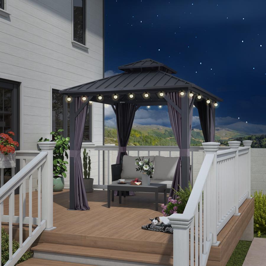 Purple Leaf Cenador de Jardín Estándar Gris, Pérgola de Aluminio con Techo de Acero Galvanizado y Luces de Cadena Con Luz Cálida
