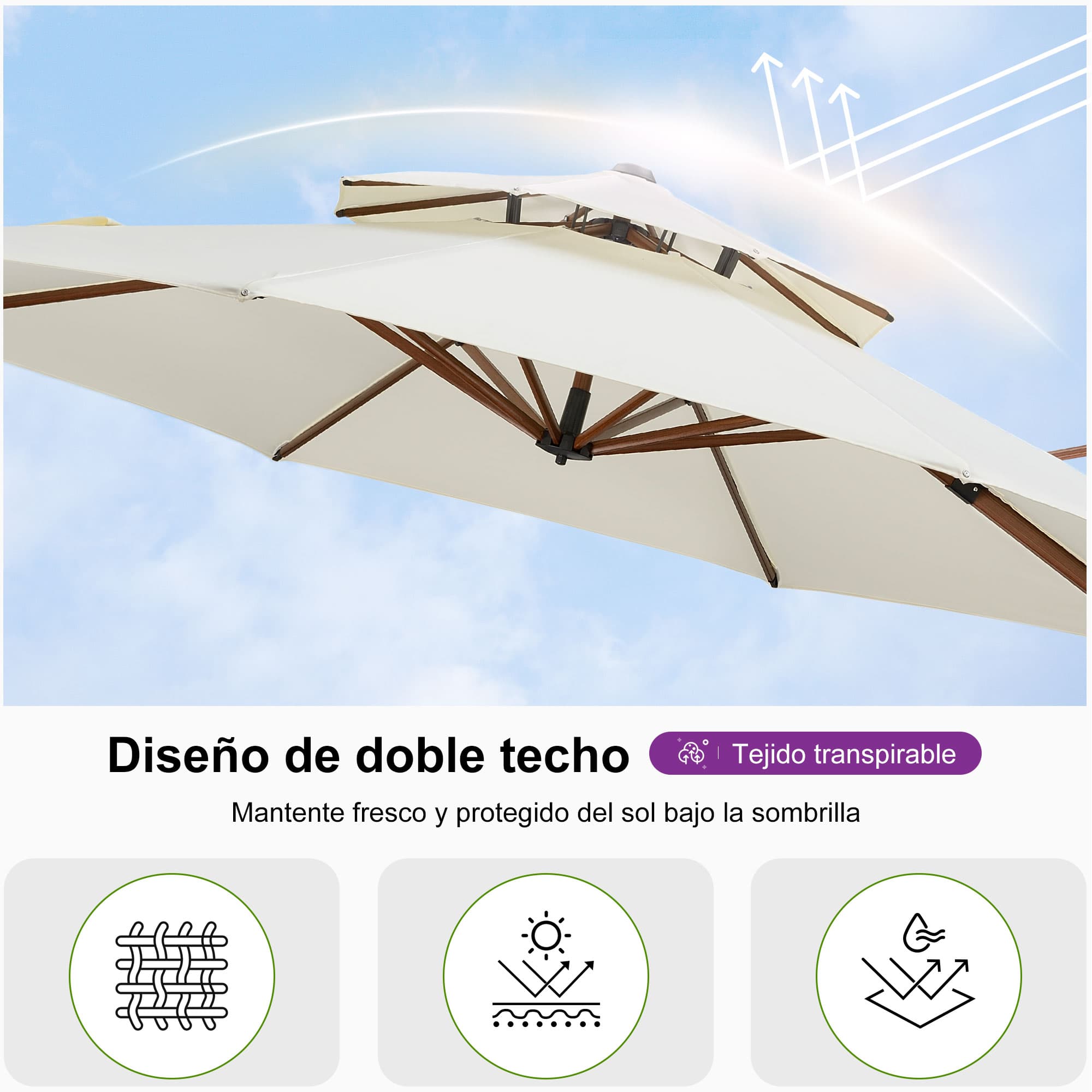 PURPLE LEAF Sombrilla Redonda de Jardín con Doble Techo y Acabado en Madera