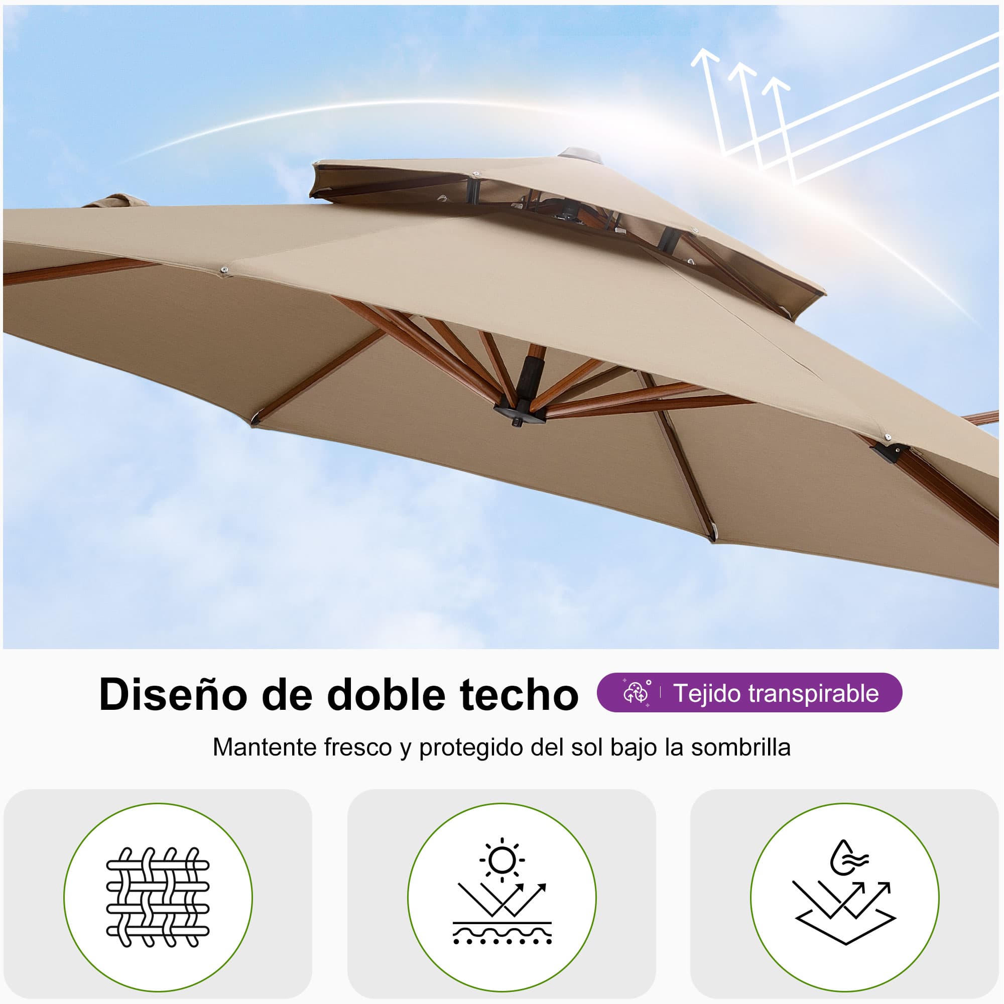 PURPLE LEAF Sombrilla Redonda de Jardín con Doble Techo y Acabado en Madera