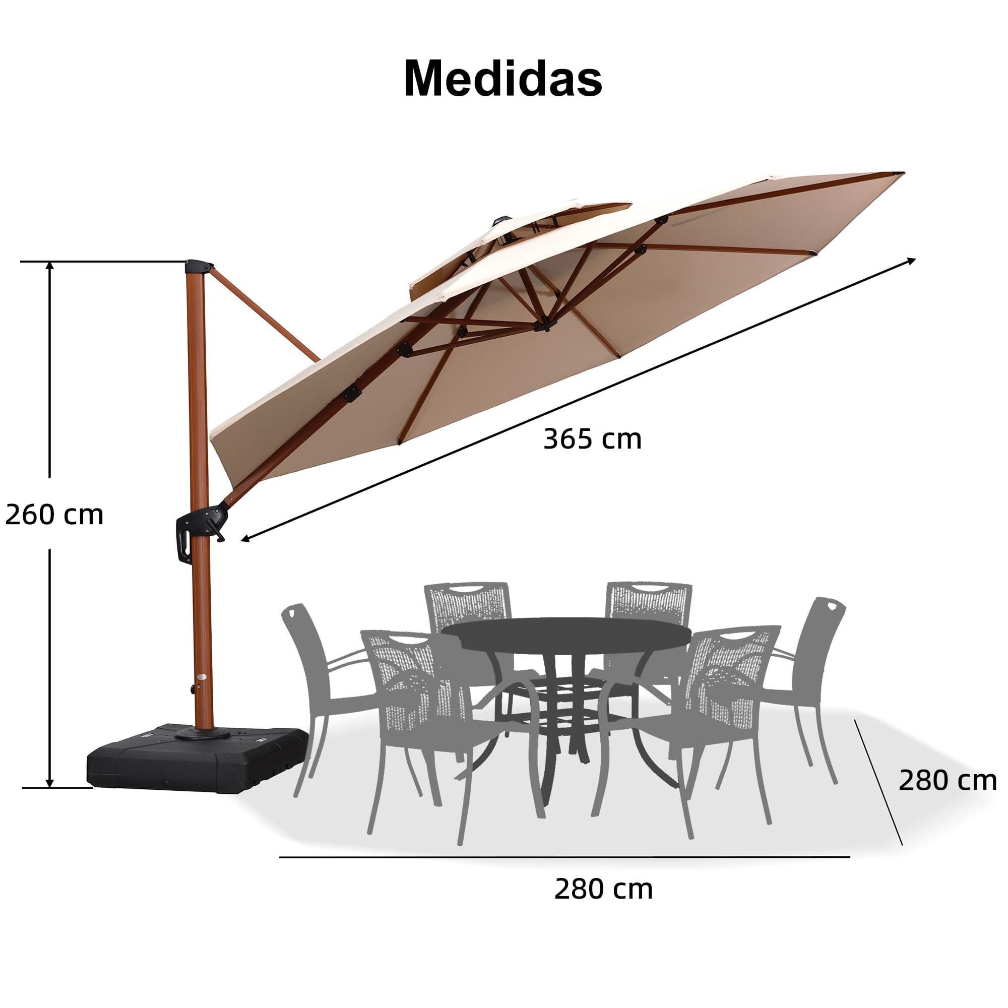 PURPLE LEAF Sombrilla Redonda de Jardín con Doble Techo y Acabado en Madera