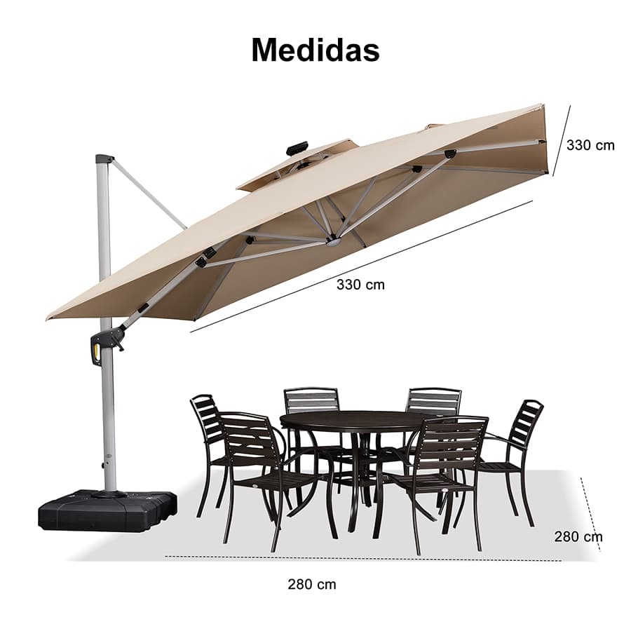 PURPLE LEAF Sombrilla cuadrada de doble cubierta con luces LED solares, ideal para jardín y terraza