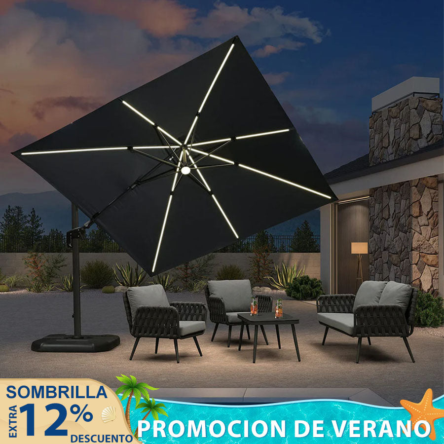 PURPLE LEAF Sombrilla de Patio 300 x 300 cm Cuadrada Giratoria con Rotación de 360 grados para Exteriores con luces