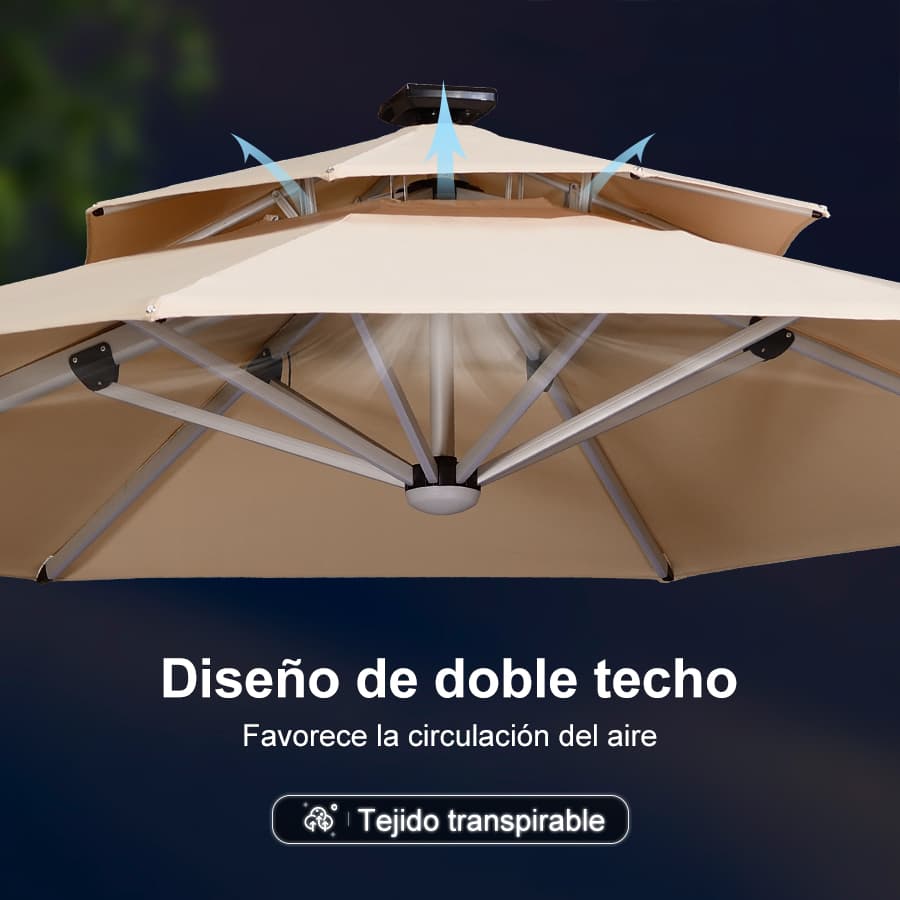 PURPLE LEAF Sombrilla excéntrico redondo con luces LED solares y rotación de 360°, ideal para jardín y terraza