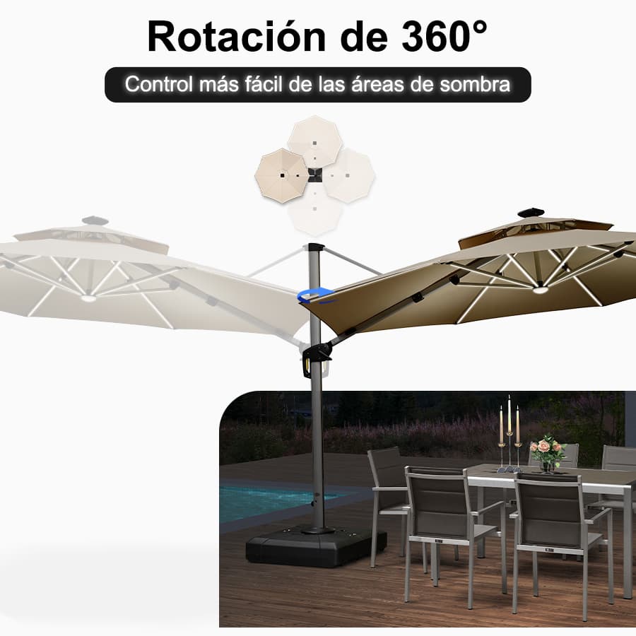 PURPLE LEAF Sombrilla excéntrico redondo con luces LED solares y rotación de 360°, ideal para jardín y terraza