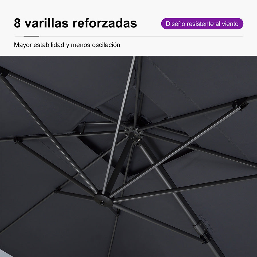 PURPLE LEAF Sombrilla Giratoria 360° con Marco en Gris Negro, Disponible en Diseño Cuadrado o Rectangular para Jardín y Terraza