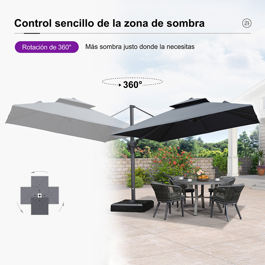 PURPLE LEAF Sombrilla Giratoria 360° con Marco en Gris Negro, Disponible en Diseño Cuadrado o Rectangular para Jardín y Terraza
