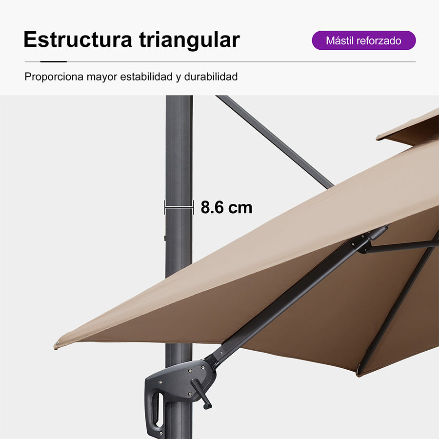 PURPLE LEAF Sombrilla Giratoria 360° con Marco en Gris Negro, Disponible en Diseño Cuadrado o Rectangular para Jardín y Terraza