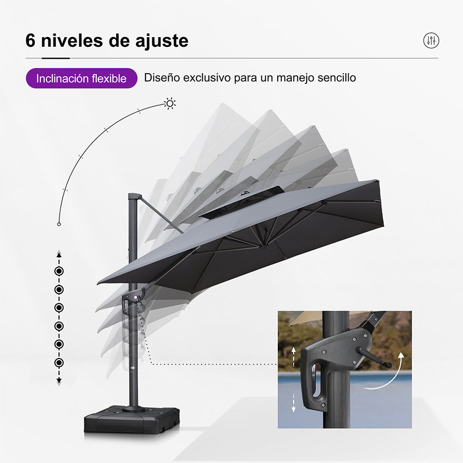 PURPLE LEAF Sombrilla Giratoria 360° con Marco en Gris Negro, Disponible en Diseño Cuadrado o Rectangular para Jardín y Terraza