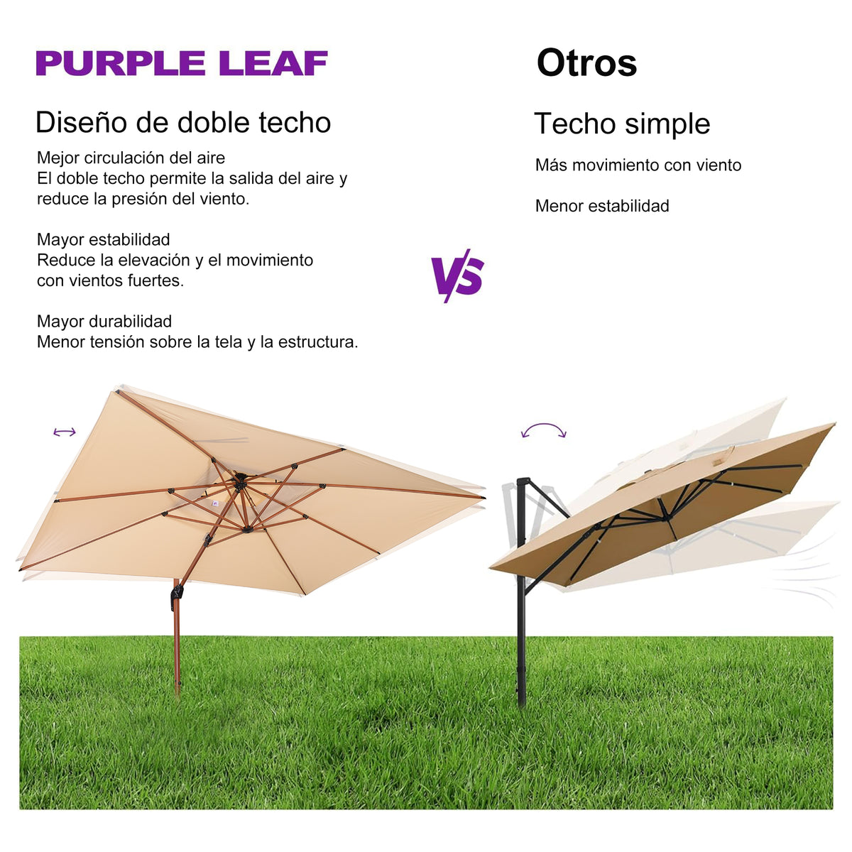 PURPLE LEAF Sombrilla de jardín cuadrada de aluminio efecto madera con doble techo para exteriores