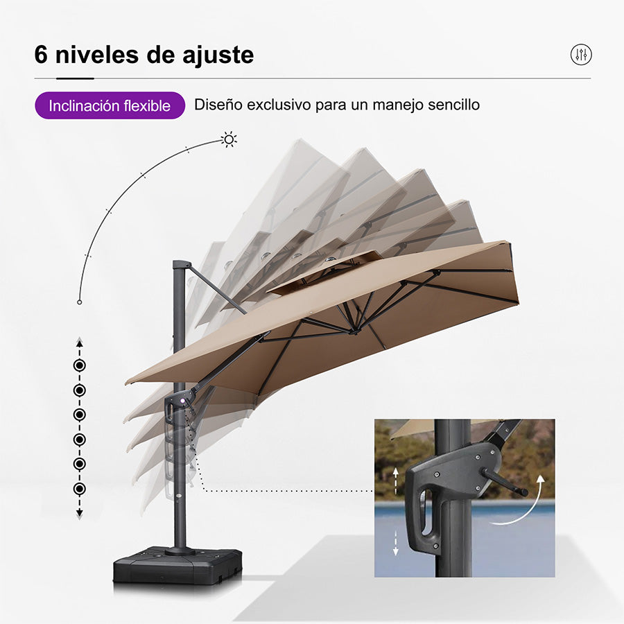 PURPLE LEAF Sombrilla Giratoria 360° con Marco en Gris Negro, Disponible en Diseño Cuadrado o Rectangular para Jardín y Terraza