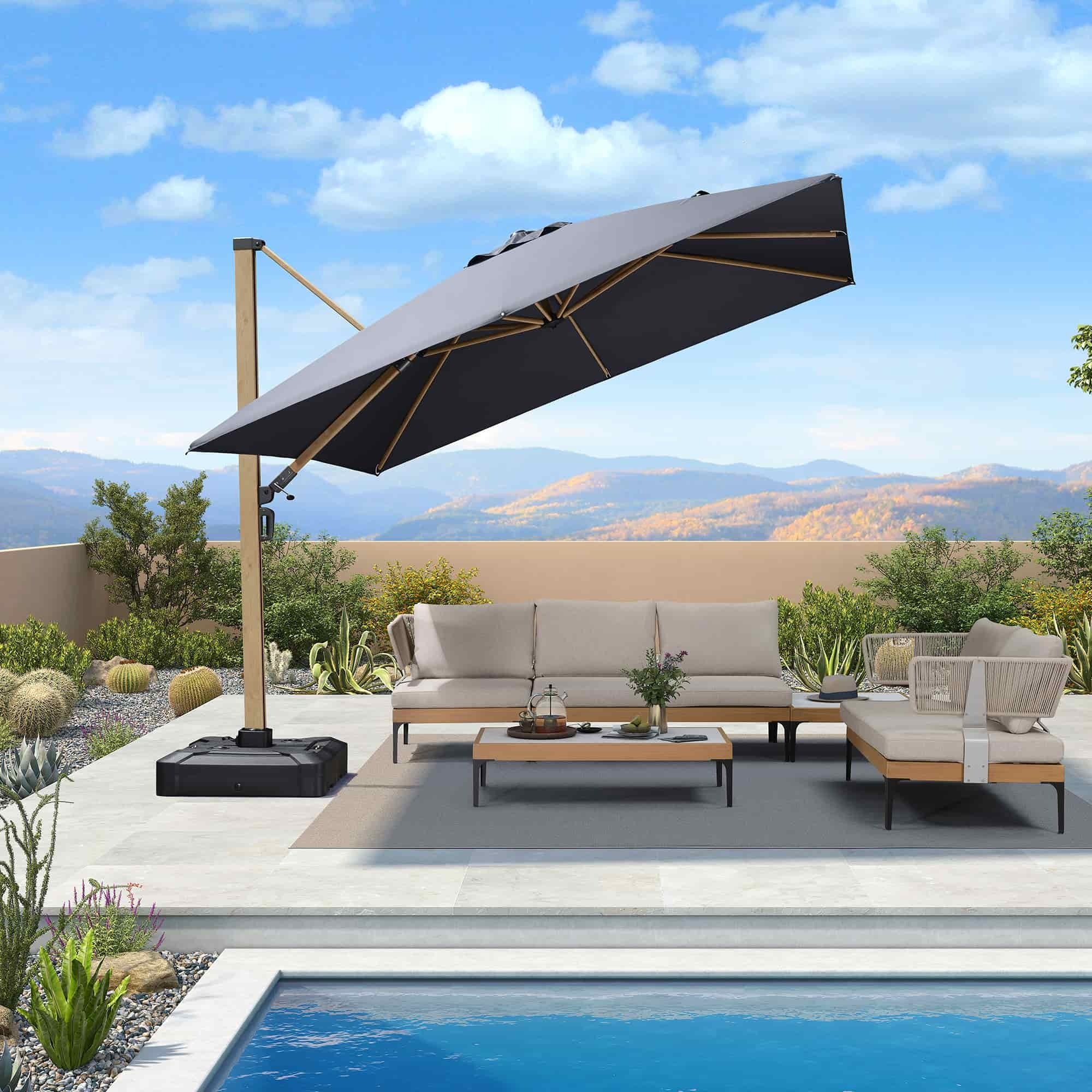 PURPLE LEAF Sombrilla Excéntrica Efecto Madera de Aluminio para Jardín y Terraza
