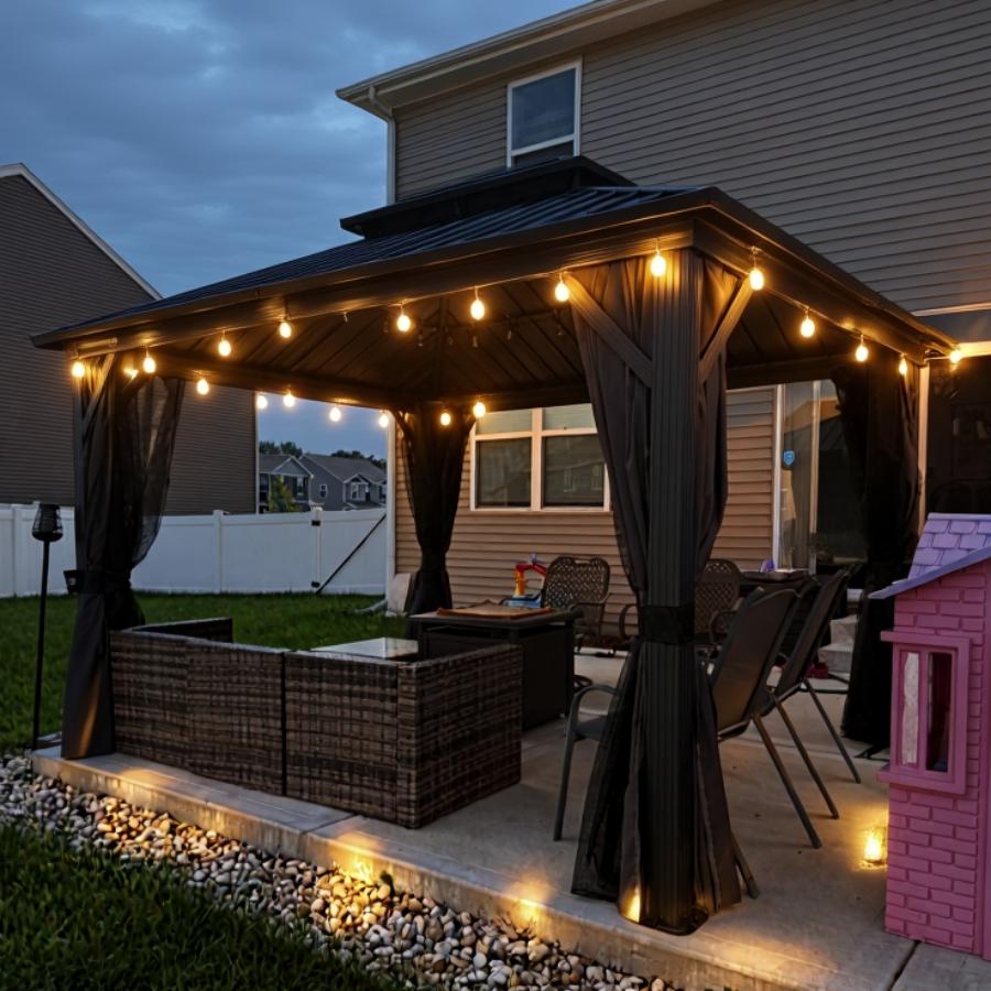 Purple Leaf Cenador de Jardín Estándar Gris, Pérgola de Aluminio con Techo de Acero Galvanizado y Luces de Cadena Con Luz Cálida
