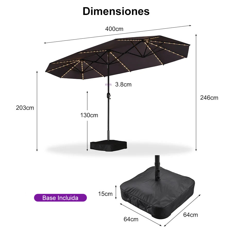 PURPLE LEAF Sombrilla de doble cara con iluminación LED con base incluida para exteriores