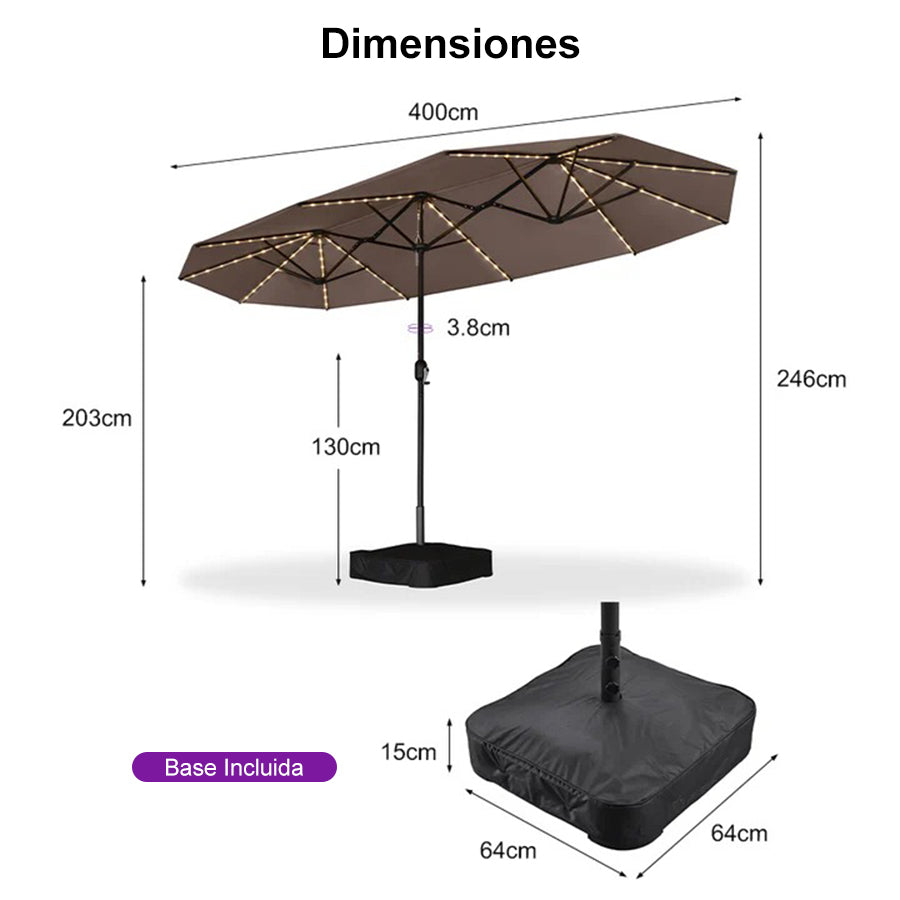 PURPLE LEAF Sombrilla de doble cara con iluminación LED con base incluida para exteriores