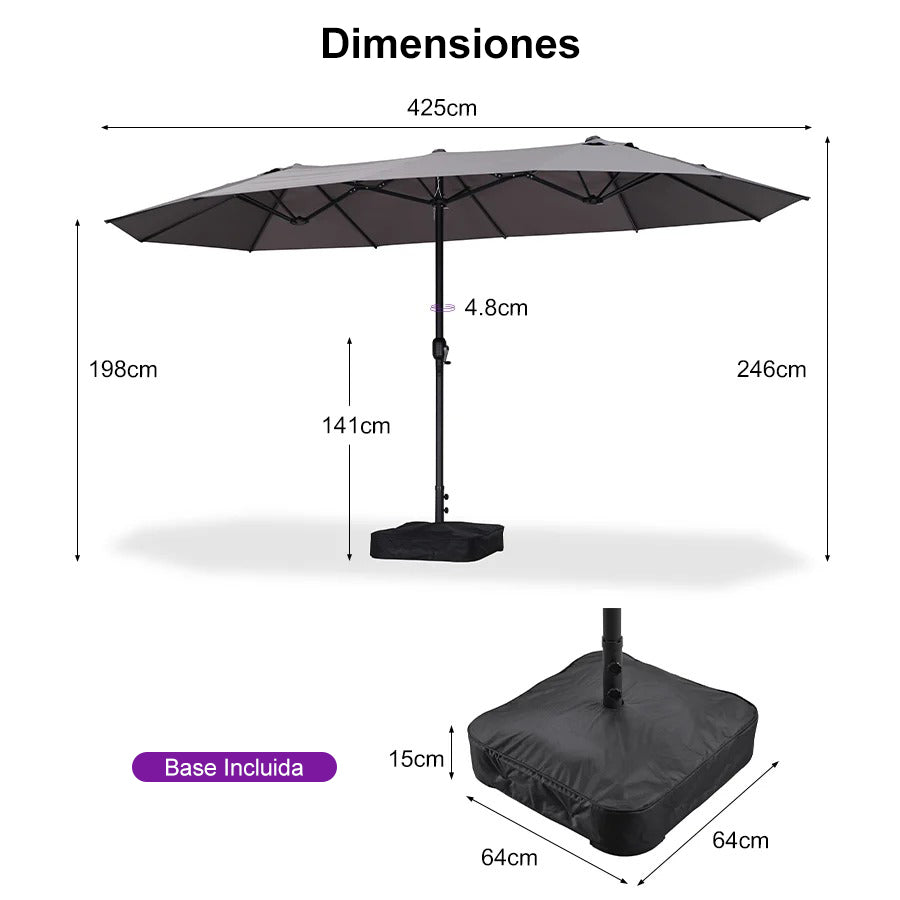 PURPLE LEAF Sombrilla de mercado rectangular de doble cara con base para terraza y jardín