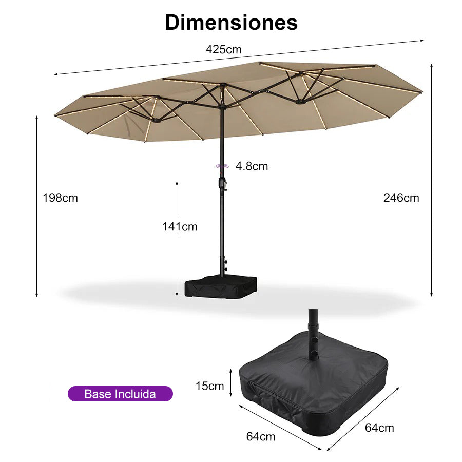 PURPLE LEAF Sombrilla de doble cara con iluminación LED con base incluida para exteriores