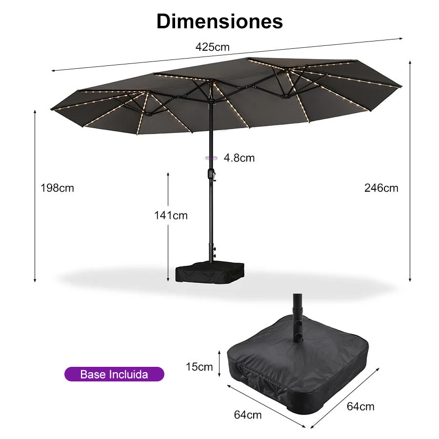 PURPLE LEAF Sombrilla de doble cara con iluminación LED con base incluida para exteriores