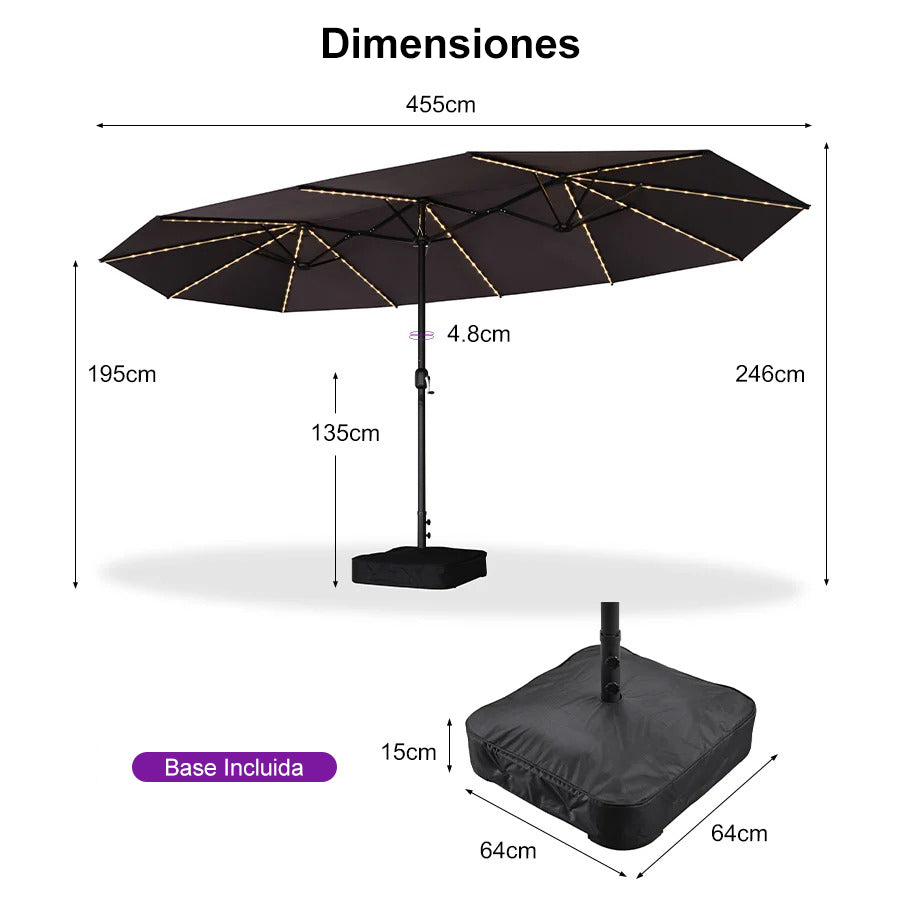 PURPLE LEAF Sombrilla de doble cara con iluminación LED con base incluida para exteriores