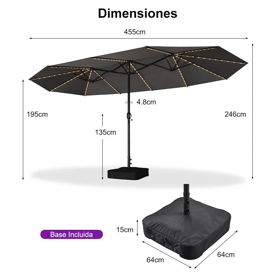 PURPLE LEAF Sombrilla de doble cara con iluminación LED con base incluida para exteriores
